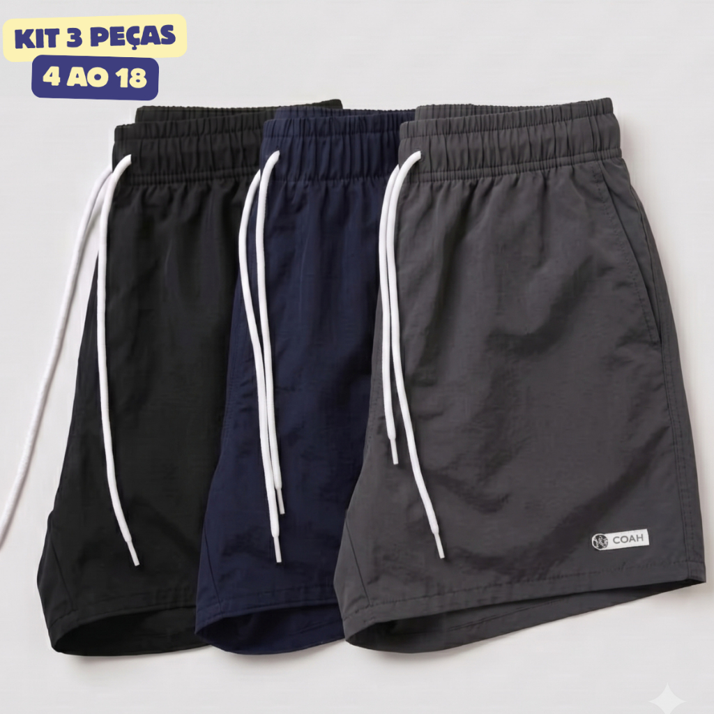 Kit 3 Bermuda Infantil Masculino Tactel Com Elastano Verão Short Menino Juvenil