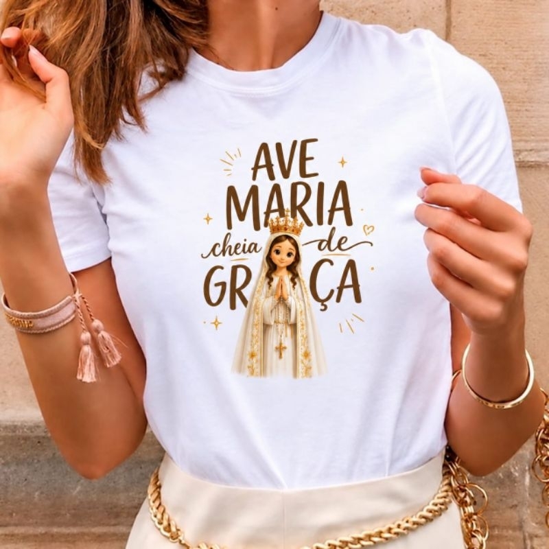 Camiseta Feminina Nossa Senhora Ave Maria Cheia de Graça Estampada Religiosa Católica Fé e Devoção Manga Curta Casual