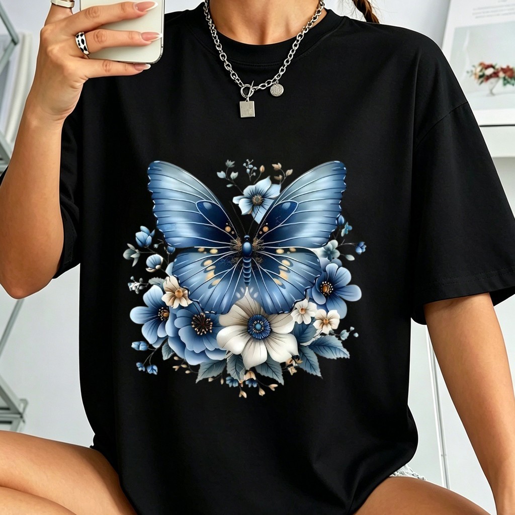 Camiseta Oversized Feminina, Arte Borboleta Azul Floral, Camiseta Básica Estampada para Dia a Dia