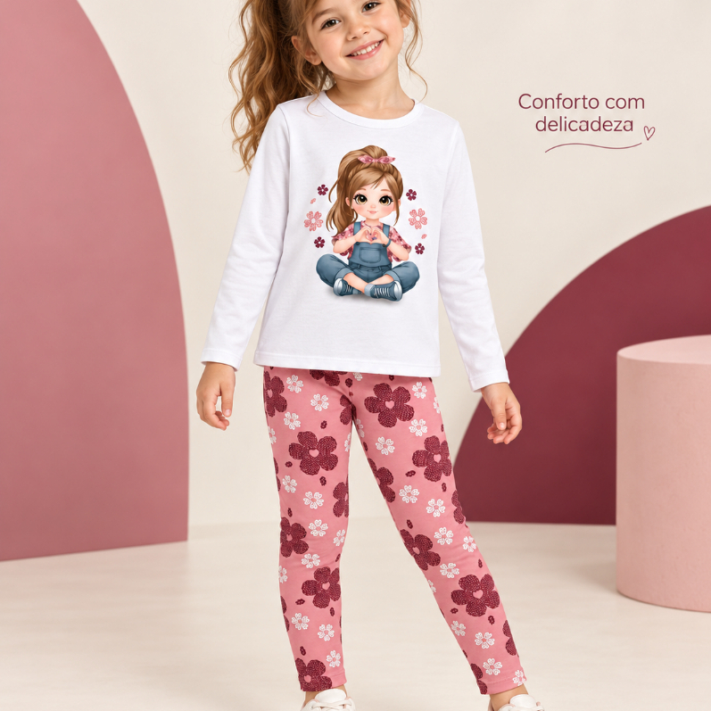 Conjunto Infantil Kyly Menina Blusa Meia Malha e Legging Cotton Estampada Confortável 1001533