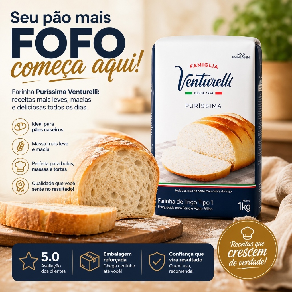 Farinha de Trigo Venturelli 1kg - Pureza e Leveza com Ferro e Ácido Fólico