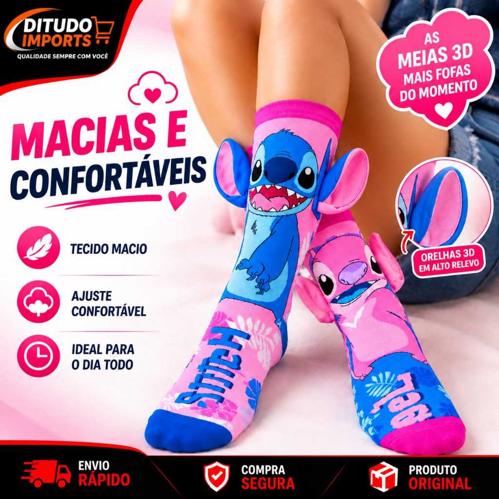 Par De Meia Maluca 3D Stitch e Angel Meia Cano Alto Infantil e Adulto Feminina Orelhas Alta Dia Das Crianças Meias Fofas