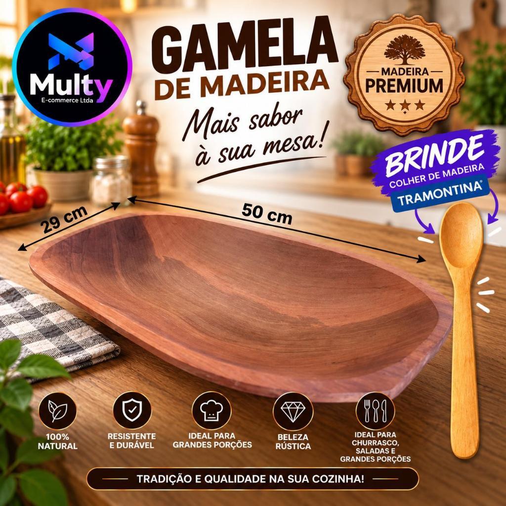 Gamela grande 50cm madeira maciça, rústica, artesanal, churrasco, salada, decoração