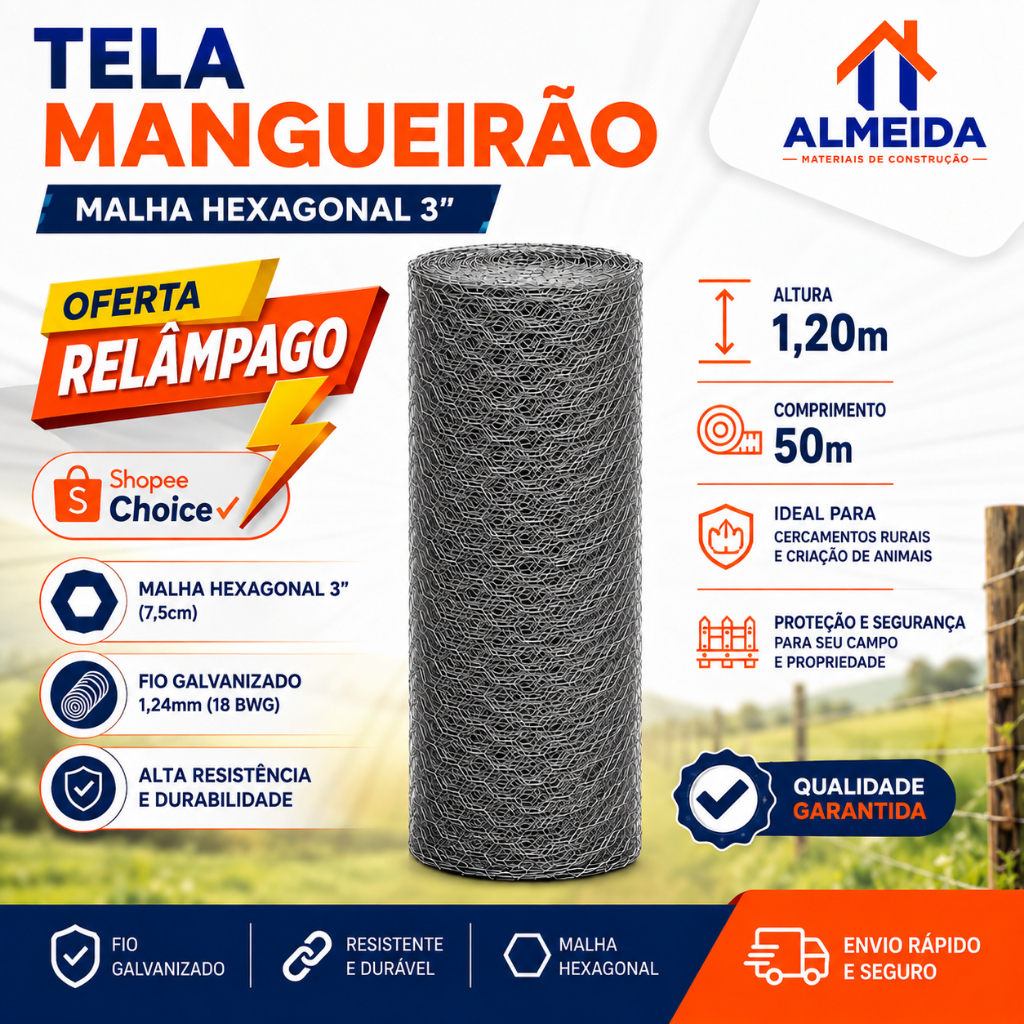 Tela Mangueirão 1,20m x 50m Fio 18 Malha 3" Arame Galvanizado  Para Cercamentos Porco Galinha Cabra Cachorro e Hortas