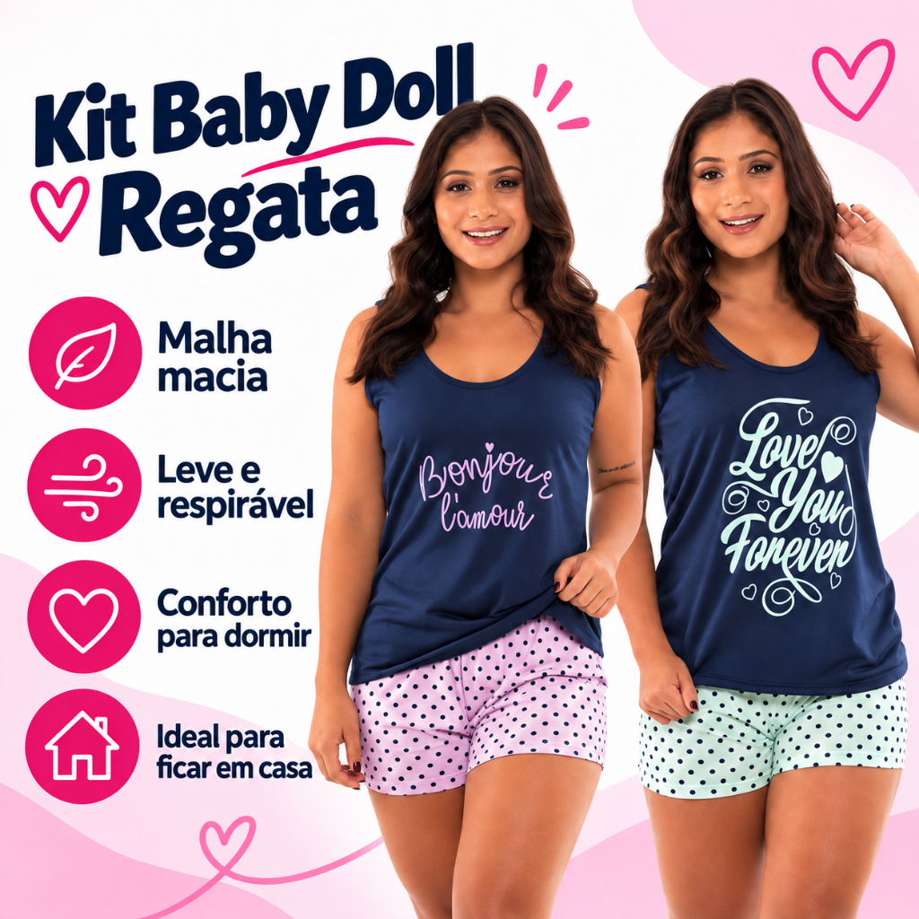 Kit Baby Doll Feminino Poá Malha Pijama Verão Regata e Short Conforto Roupa de Dormir
