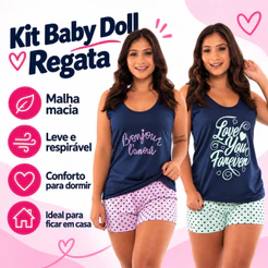 Kit Baby Doll Feminino Poá Malha Pijama Verão Regata e Short Conforto Roupa de Dormir