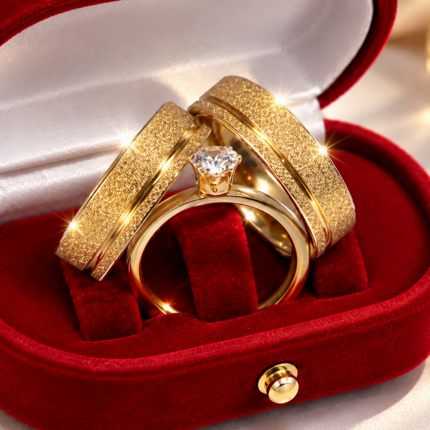 Alianças Noivado Casamento Banhado a Ouro 18k + Anel Solitario e Estojo Luxo Veludo