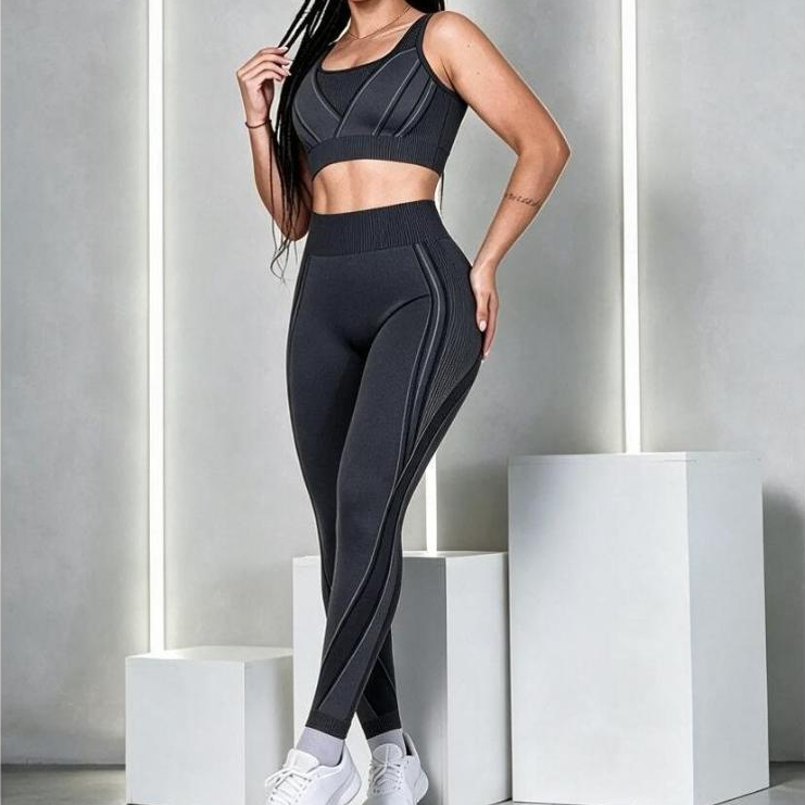 Conjunto Fitness 2 Peças Feminino Legging + Top Cropped Seamless Canelado Conjunto Academia Roupa de Treino Yoga Push Up