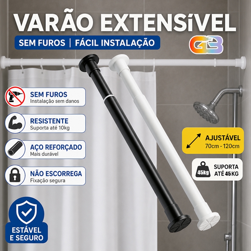 Varão Extensível Ajustável Sem Furadeira em Aço Inox Para Cortina Box Banheiro Guarda Roupa SSG