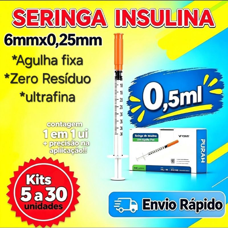 Seringas Insulina 0,5ml, (50ui) agulha zero resíduo 6mmx0,25mm marca  Venper kit 5,10, 20 e 30 unidades.