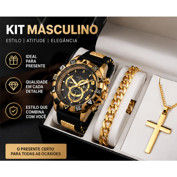 Kit Relogio Masculino Banhado Original + Colar com Cruz + Pulseira Premium