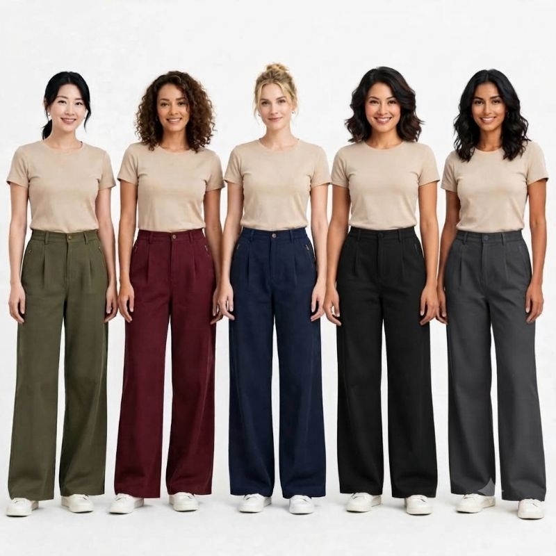 Calça Social Feminina Pantalona Alfaiataria Cós Alto Com Pregas, Bolsos e Elástico.
