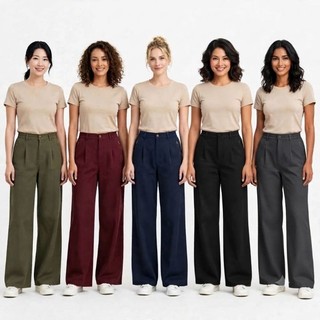 Calça Social Feminina Pantalona Alfaiataria Cós Alto Com Pregas, Bolsos e Elástico.