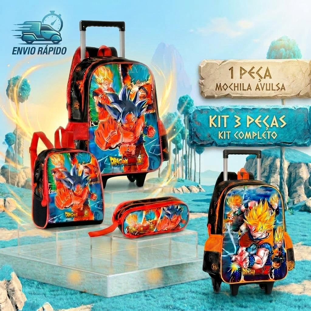 Kit Mochila Goku Dragon Ball Super + Estojo + Lancheira e Mochila Dragon Ball Z Infantil Escolar com Rodinhas Reforçada