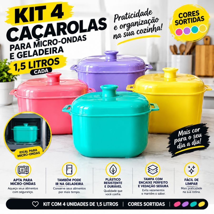 Jogo 4 Panelas Caçarola Para Microondas Freezer 1,5 Litros Plástico Cores