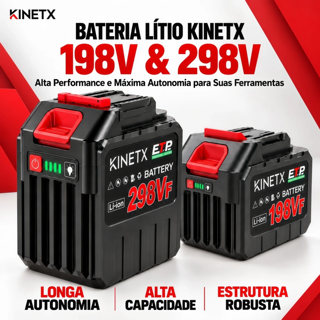 Bateria Recarregável Kinetx 198V/298V Li-ion para Parafusadeira Furadeira e Chave de Impacto Ferramentas