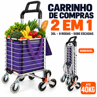 Carrinho de Compras 2 em 1 Dobrável 8 Rodas Sobe Escadas Bolsa 35L Alumínio Suporta 40kg Feira e Transporte