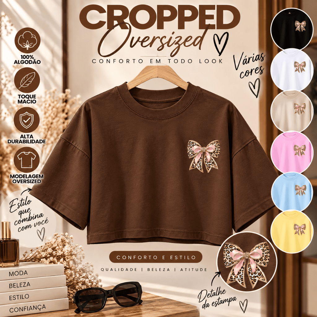Cropped Feminino Oversized 100% Algodão Estampado Laço Oncinha Animal Print Casual Moda Feminina