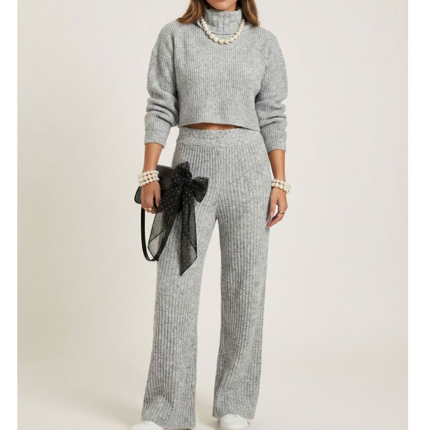 Conjunto Feminino Inverno Mousse Calça e Blusa Gola Alta Tricot