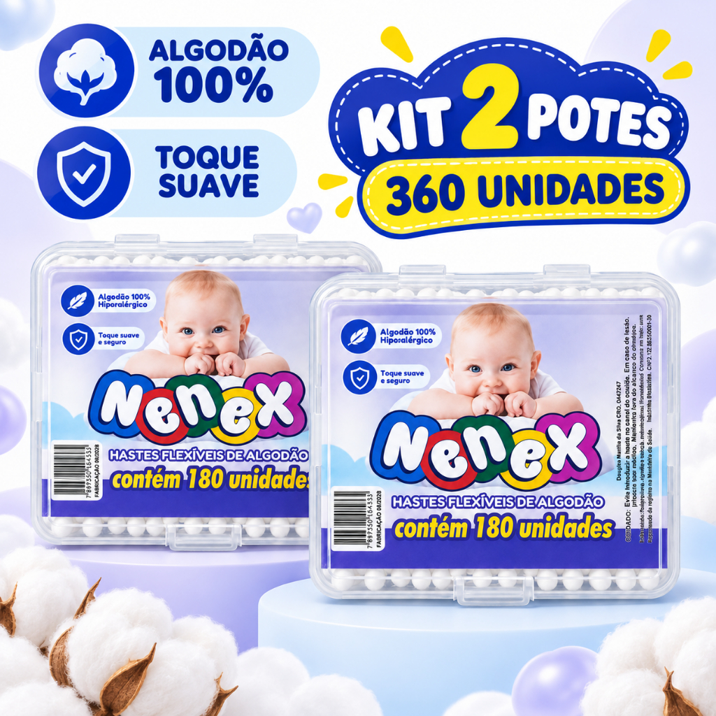 Kit 2 Cotonete (Hastes de Algodão Flexível) Nenex - 180 unidades
