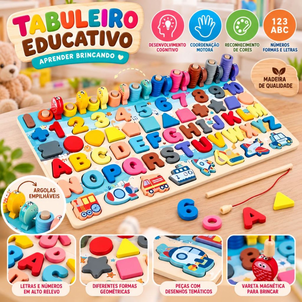 Tabuleiro Montessori Atividades Pescaria Encaixe Numeros Letras Brinquedo Educativo MDF 133pcs