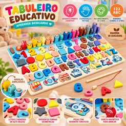 Tabuleiro Montessori Atividades Pescaria Encaixe Numeros Letras Brinquedo Educativo MDF 133pcs