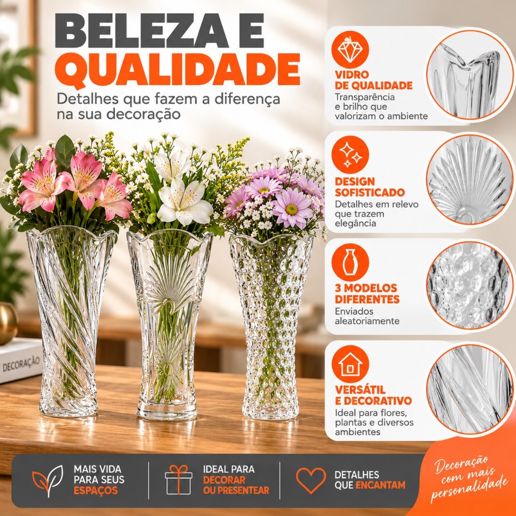 Vaso Para Flores Decorativo Para Mesa 23cm Em Vidro Transparente — imagem 2 de 2