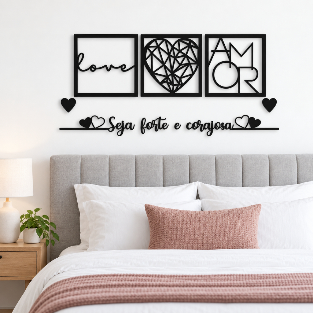 Kit 3 Quadros Casal Cabeceira + Frase de parede Seja forte e corajosa Mdf