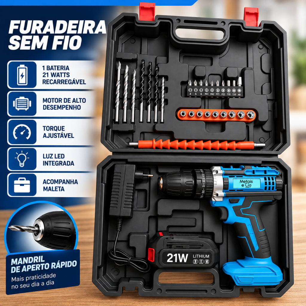 Parafusadeira Furadeira 21V Bateria De Lítio 2 Velocidades Uso Doméstico Com Baterias E Caixa De Ferramentas