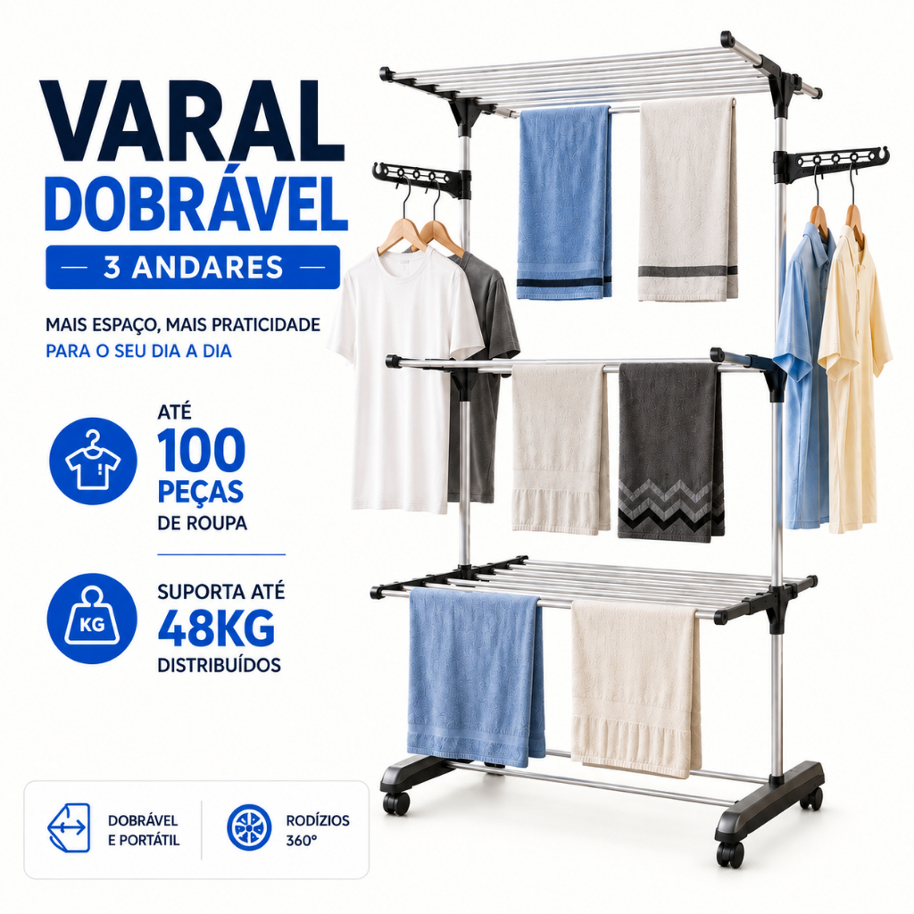 Varal De Chão Roupa Calcinha 3 Andares Grade Dobrável Portátil Studio Apartamento Estudio