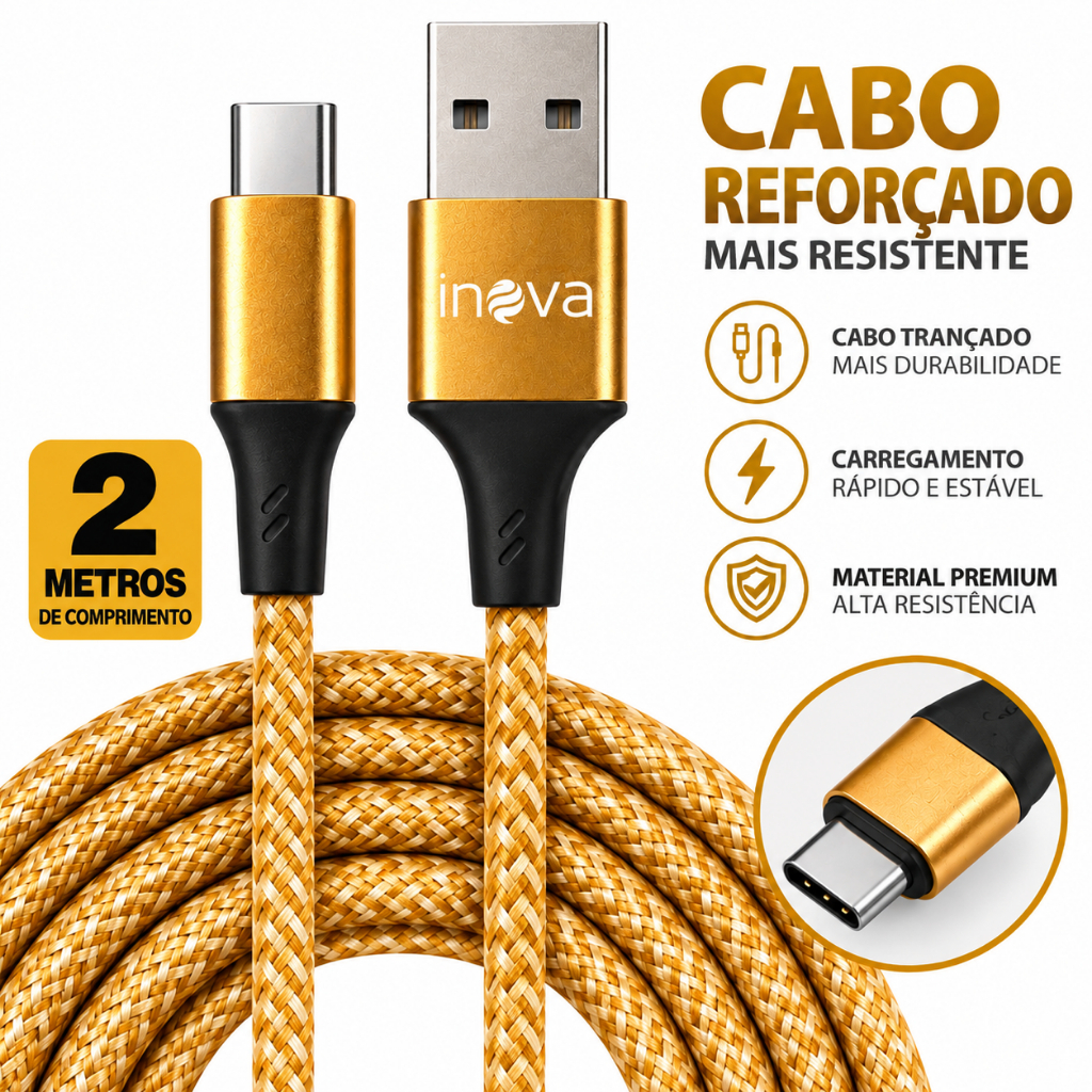 Cabo Carregador Tipo C 2 Metros Turbo Premium Reforçado Android Xiaomi USB Dados