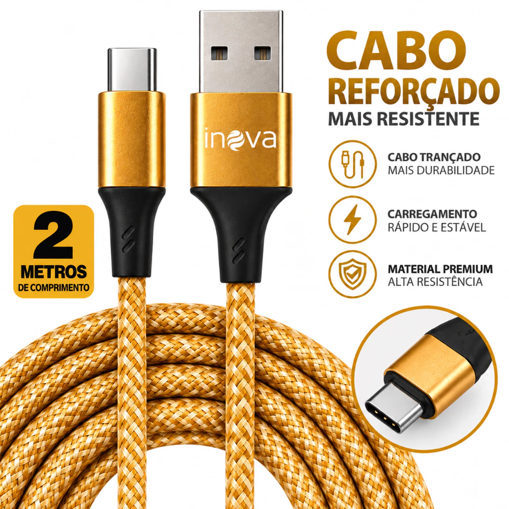 Cabo Carregador Tipo C 2 Metros Turbo Premium Reforçado Android Xiaomi USB Dados