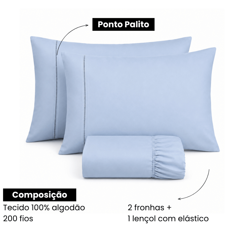 Jogo de Lençol Solteiro 2 Peças 200 Fios 100% Algodão com Ponto Palito Elástico Kit Micropercal