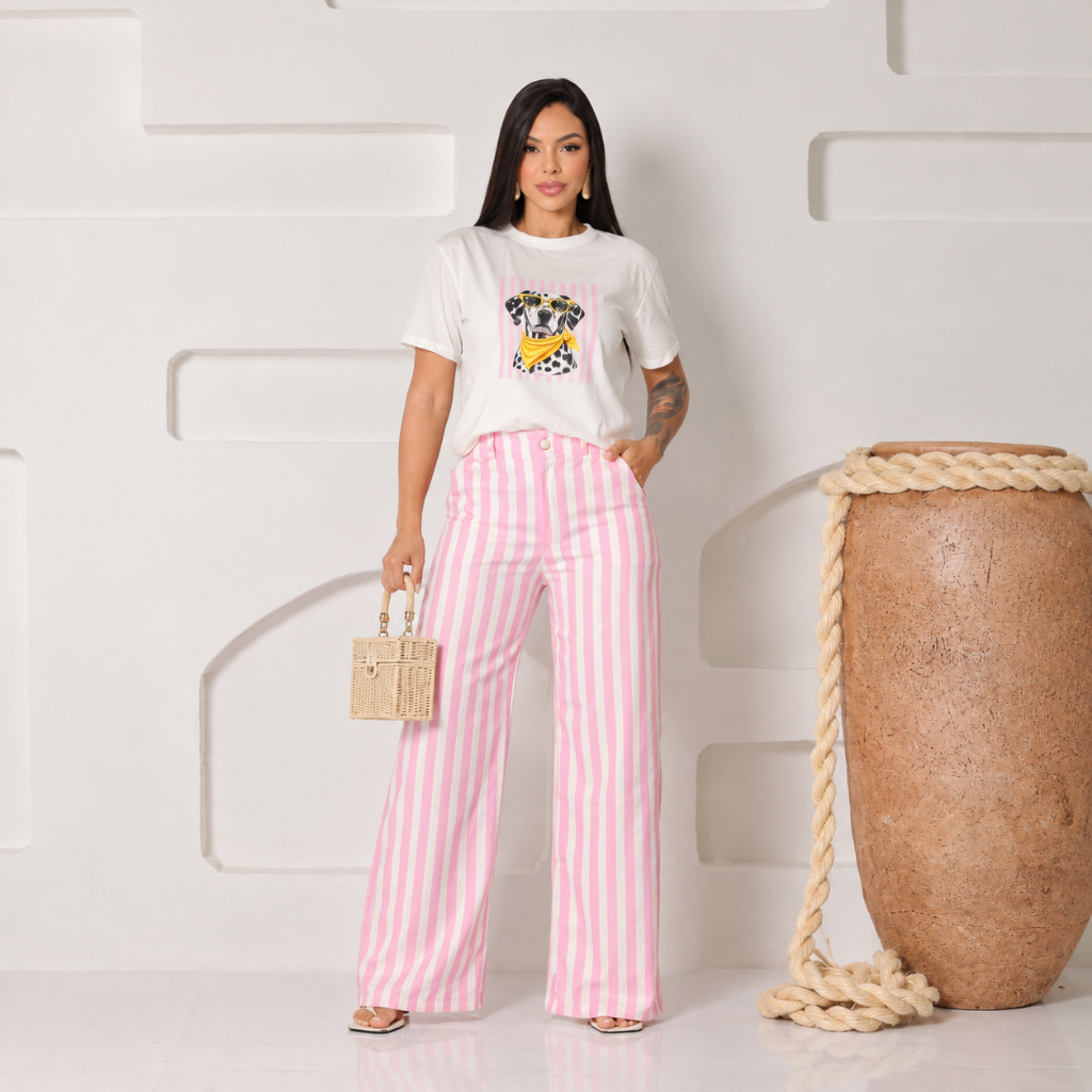 Calça Pantalona Listrada Feminina Confortável Estilo Moderno
