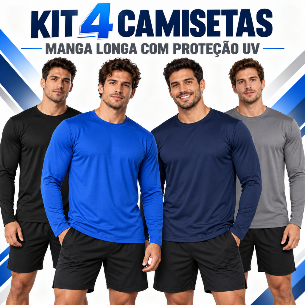 Kit 4 Camisetas Masculinas Manga Longa Proteção UV Segunda Pele Secagem Rápida para Academia Corrida Ciclismo e Trabalho
