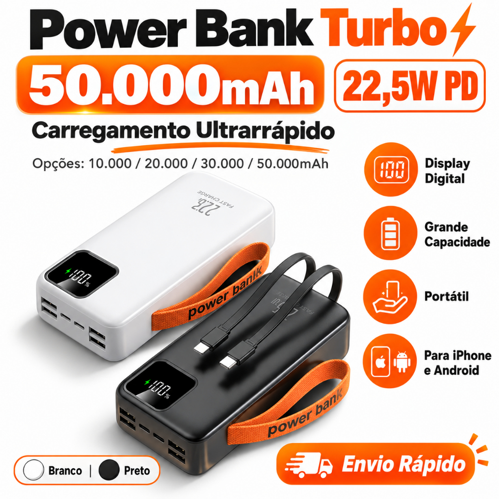 Carregador Portátil grande 50000mah/30000mah/2000mah/10000mah Turbo 22,5W PD carregamento ultrarrápido