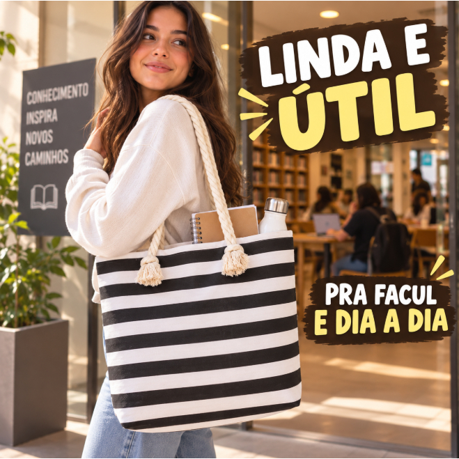 Bolsa Feminina Grande Listrada com Alça de Corda, Bolsa de Ombro Espaçosa para Faculdade, Praia, Compras e Dia a Dia — imagem 2 de 2