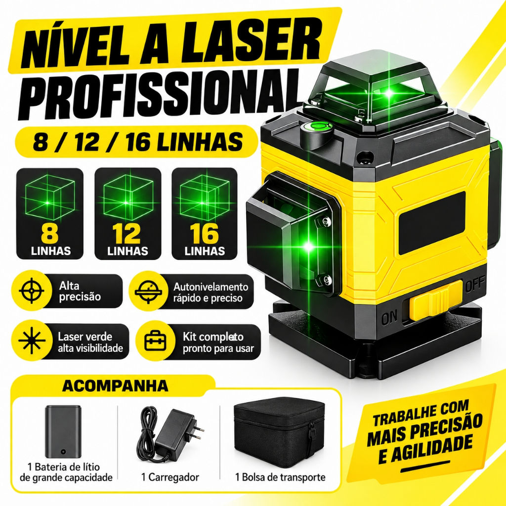 【3 Anos Gar】 Nível Laser 360° Verde Profissional 8 12 16 Linhas Autonivelante com Bateria Lítio para Reforma