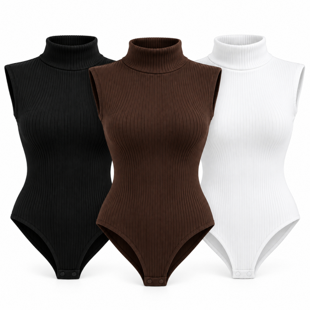 Kit 3 Body Feminino Anarruga Canelado Gola Alta com Elastano P ao GG