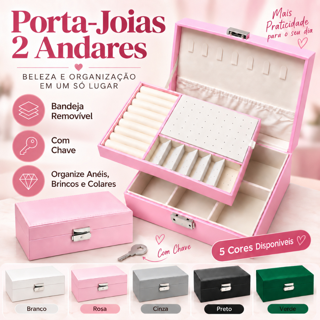 Porta Joias 2 Andares com Chave Caixa Organizadora Bijuterias Anéis Brincos Colares Feminina