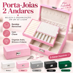 Porta Joias 2 Andares com Chave Caixa Organizadora Bijuterias Anéis Brincos Colares Feminina