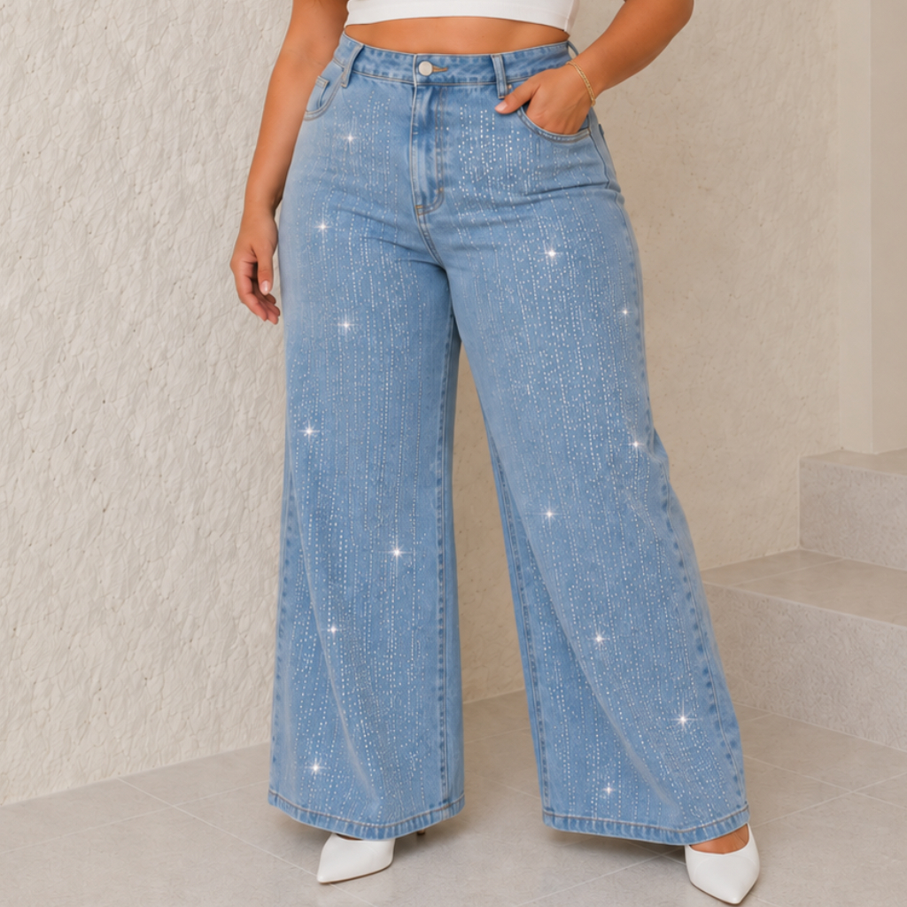 Calça Jeans Feminina Wide Leg com Brilho Cintura Alta Bolsos Funcionais Premium