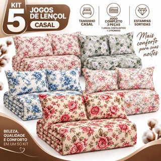 Kit 5 Jogos De Lençol Casal 400 Fios 3 Peças Conforto Premium Cama Florido Estampado