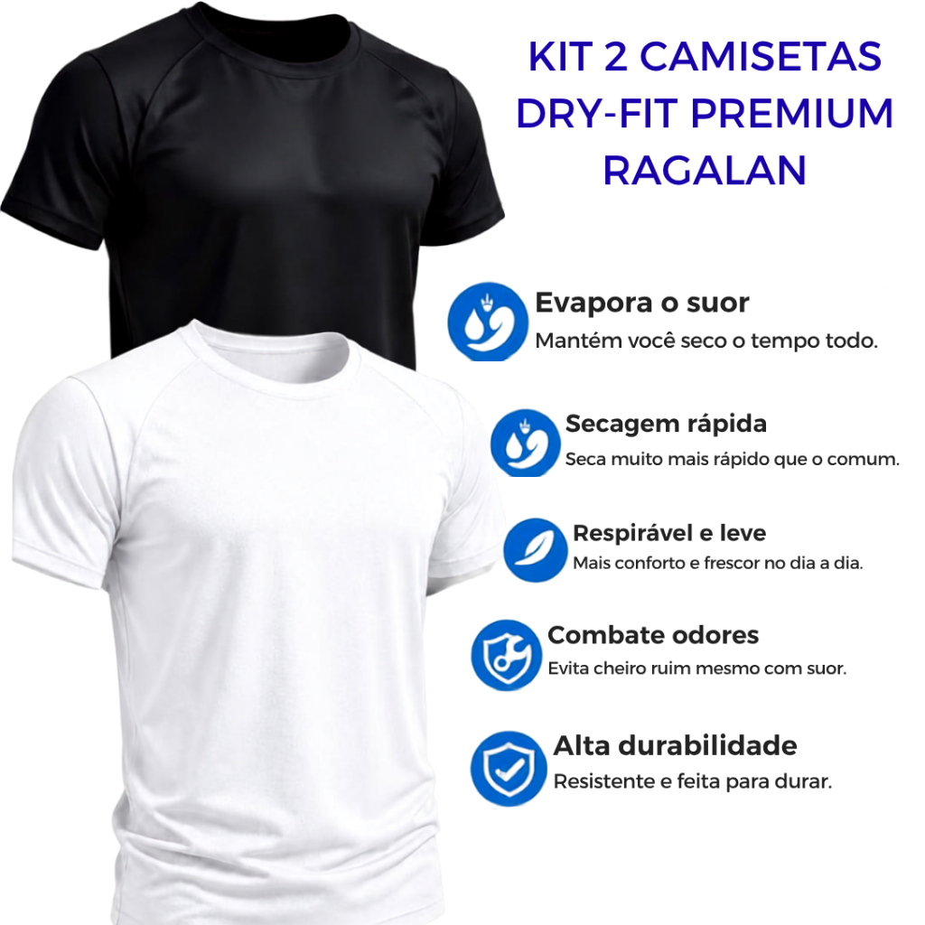 Kit 2 Camisetas Dry Fit Premium Raglan Masculina | Academia Fitness Treino Musculação Casual Respirável Leve