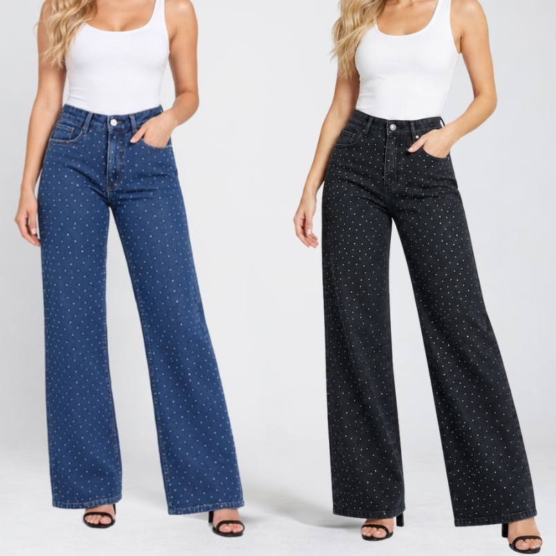 Calça Jeans Wide Leg Azul e Preta Feminina 100% Algodão com Strass Brilho Pedraria Aplicação Pantalona Cintura Alta