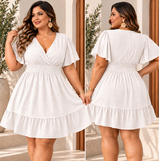 Vestido Plus Size Duna Pipoca Feminino Soltinho Manga Morcego Decote V Transpassado