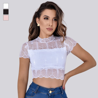 Cropped Feminino com Renda Gola Alta Com Bojo Top Confortavel e Estiloso