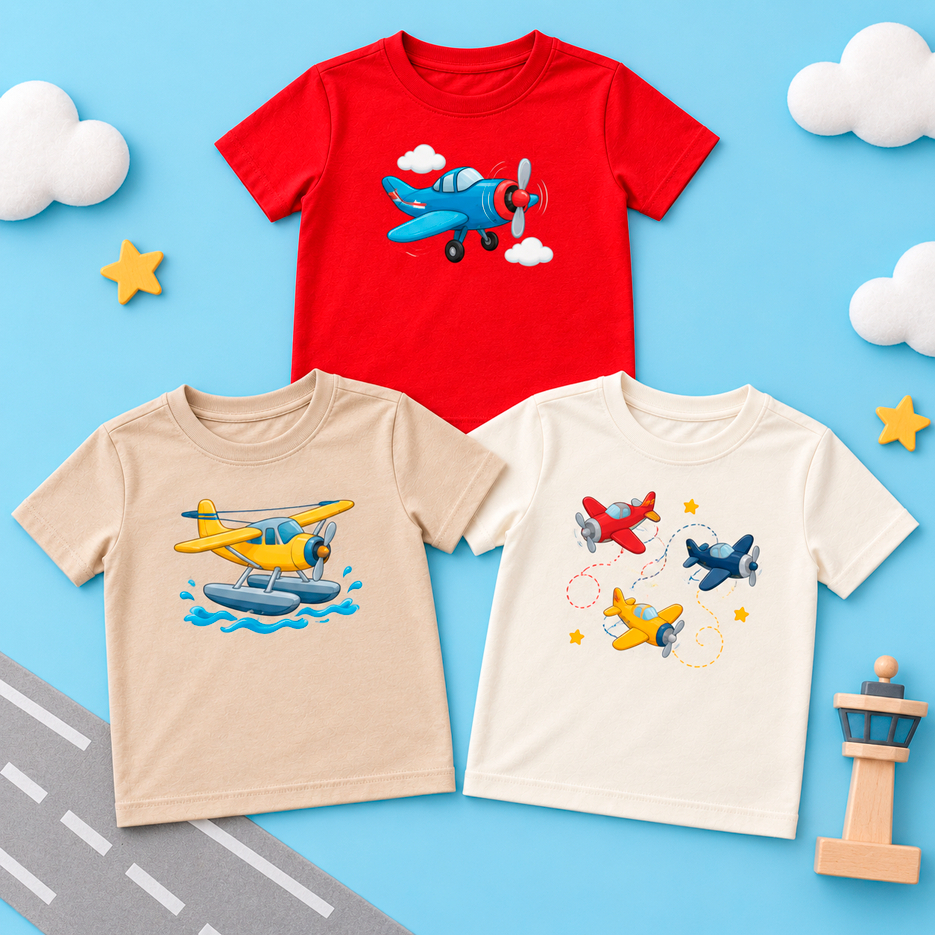Kit 3 Camisetas Masculina Infantil Juvenil Estampadas Avião Brinquedos Fofos | T-Shirt Menino Moderna Casual Algodão