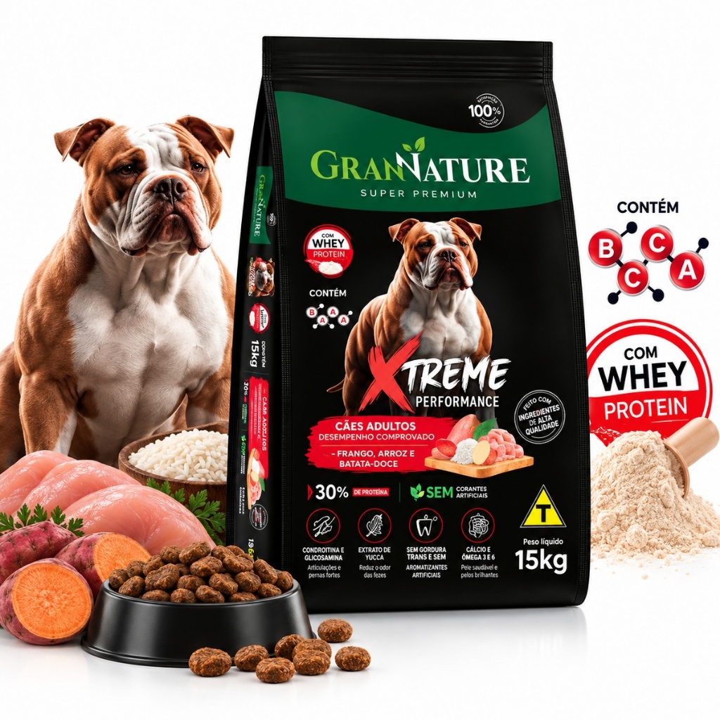 Ração Gran Nature Xtreme Performance Cães Pitbull Pit Monster Cane Corso Adultos 15kg Super Premium Whey Protein BCAA