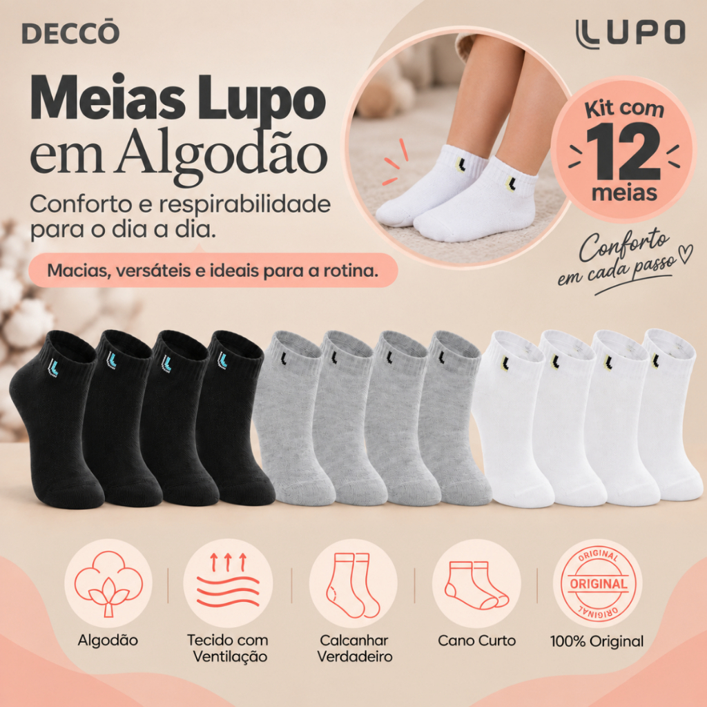 Kit De 12 Pares Meias Lupo Kids Infantil Cano Curto Algodão Tamanho 24 ao 35